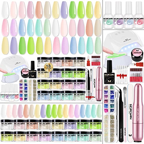 Morovan Dip Powder Nail Kit Starter - 18 Dip Powder Colors Green Blue Glitter Nail Dip Powder Kit with UV Lamp and Electric Nail Drill Dip Nails Powder Starter Kit for Nail Lovers DIY Nails Art Salon