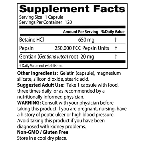 Doctor's Best Betaine HCI Pepsin and Gentian Bitters, Digestive Enzymes for Protein Breakdown and Absorption, Non-GMO, Gluten Free, 120 Caps, Original Version (DRB-00163)