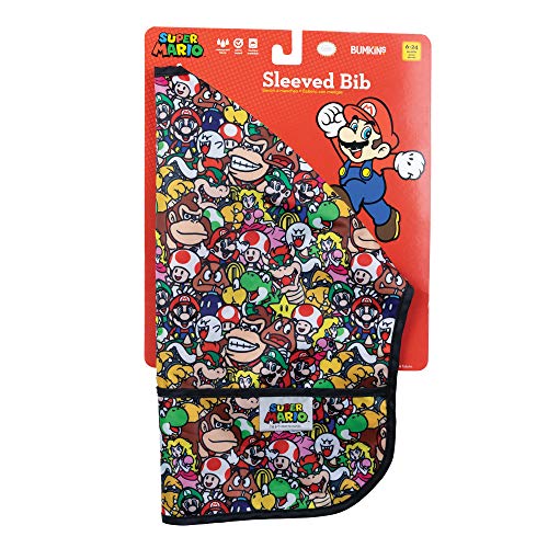 Bumkins Bibs, Nintendo Super Mario Baby and Toddler Bibs, Bibs for Girls and Boys 6-24 Months, Long Sleeve Bib, Baby Bibs for Eating, Waterproof Fabric Sleeved Smock
