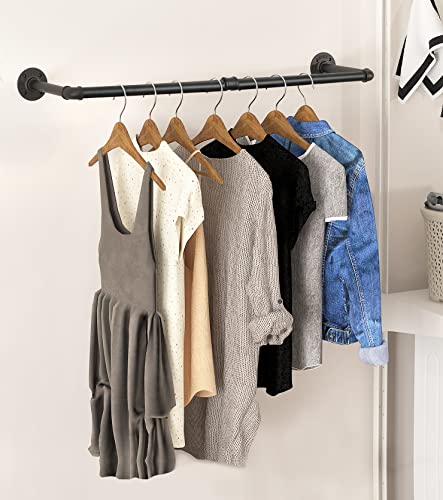 OROPY Industrial Pipe Clothes Rack 38.4', Heavy Duty Detachable Wall Mounted Black Iron Garment Bar, Multi-purpose Hanging Rod for Closet Storage, Black (Two Base)