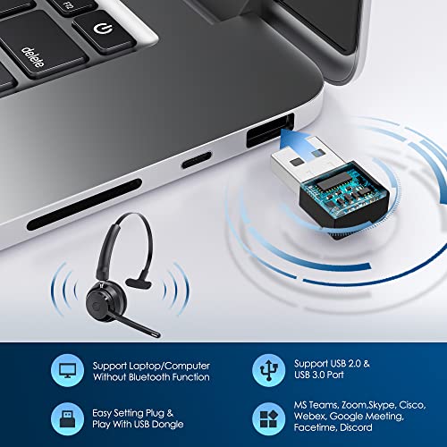 Mopchnic Bluetooth Headset, Wireless Headset with Upgraded Microphone AI Noise Canceling, On Ear Bluetooth Headset with USB Dongle for Office Call Center Skype Zoom Meeting Online Class Trucker