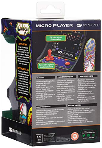 My Arcade Micro Player Mini Arcade Machine: Galaga Video Game, Fully Playable, 6.75 Inch Collectible, Color Display, Speaker, Volume Buttons, Headphone Jack, Battery or Micro USB Powered