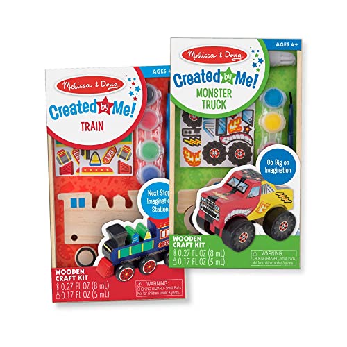 Melissa and Doug Created by Me! Paint and Decorate Your Own Wooden Vehicles Craft Kit For Kids 2 Pack – Monster Truck, Train