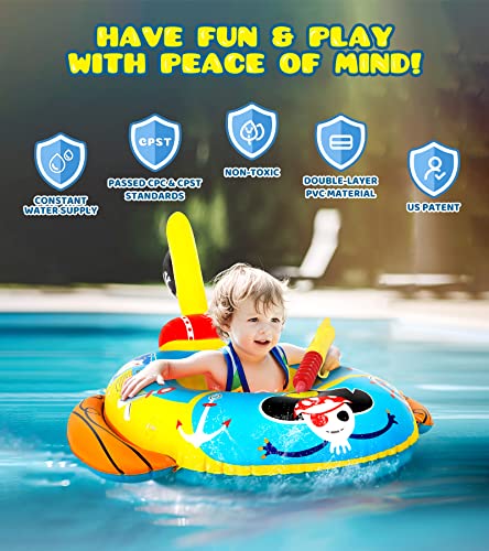 2X Thicken Pool Floats Kids with Water Gun, UPF50+ Adjustable Canopy Inflatable Pirate Boat Shaped Toddler Pool Float with Safety Seat, Durable Pool Toys for Kids Ages 2-10 for Boys and Girls