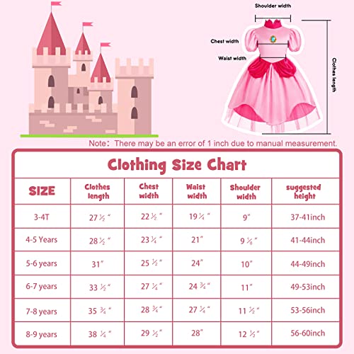Oskiner Princess Peach Costume for Girls,Super Brothers Princess Peach Dress for Kids Cosplay Halloween Party Dress Up (4-5Years)