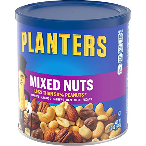 Planters Mixed Nuts Less Than 50% Peanuts with Peanuts (Almonds, Cashews, Hazelnuts and Pecans, 12 ct Pack, 15 oz Canisters)