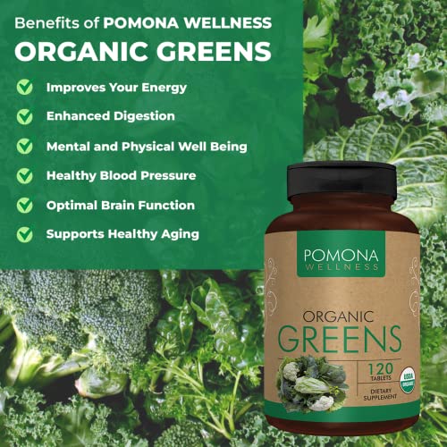 Pomona Wellness Super Greens Supplement, Full Of Superfood Vitamins and Minerals, Fruits and Vegetable, Greens Powder for Bloating and Digestion, Gut Health, USDA Organic, Non-GMO, 120 Tablets