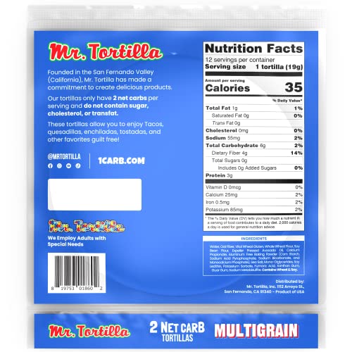 Mr. Tortilla 2 Net Carb Tortillas – Low Carb Keto Soft Taco Shells for Wraps, Quesadillas and Tostadas - Healthy Vegan Tortilla Wraps with No Cholesterol - Low on Calories and Fat (Multigrain, 48 Tortillas)