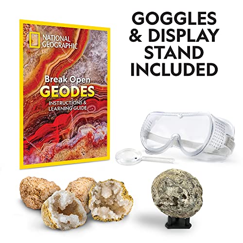 NATIONAL GEOGRAPHIC Break Open 4 Geodes Science Kit – Includes Goggles, Detailed Learning Guide and Display Stand - Great STEM Science Gift for Mineralogy and Geology Enthusiasts of any Age