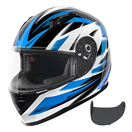 VCAN VX Lightweight Full Face Motorcycle Street Bike Helmet with Extra Tinted Visor DOT and ECE 22.05 Approved (Gloss Black Stream Blue, Large)