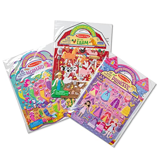 Melissa and Doug Reusable Puffy Sticker Play Set 3 Pack: On The Farm, Princess and Mermaid