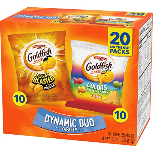 Goldfish Dynamic Duo Colors Crackers, Cheddar And Flavor Blasted Xtra Cheddar Snack Pack, 0.9 Oz, 20-Ct Variety Pack Box