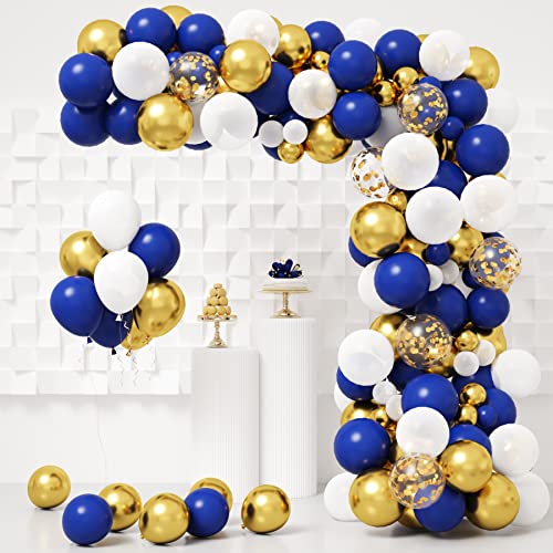 RUBFAC Navy Blue Gold Balloon Garland Arch Kit Royal Blue Gold White Balloons for Graduation Birthday Party Baby Shower Decoration