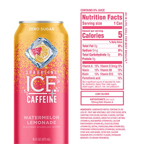 Sparkling Ice +Caffeine Watermelon Lemonade Sparkling Water, Zero Sugar, with Antioxidants and Vitamins, Zero Sugar, 16 fl oz Cans (Pack of 12)