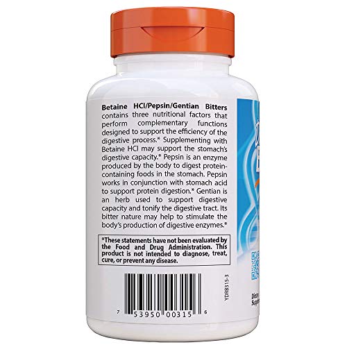 Doctor's Best Betaine HCI Pepsin and Gentian Bitters, Digestive Enzymes for Protein Breakdown and Absorption, Non-GMO, Gluten Free, 360 Count (Pack of 1)