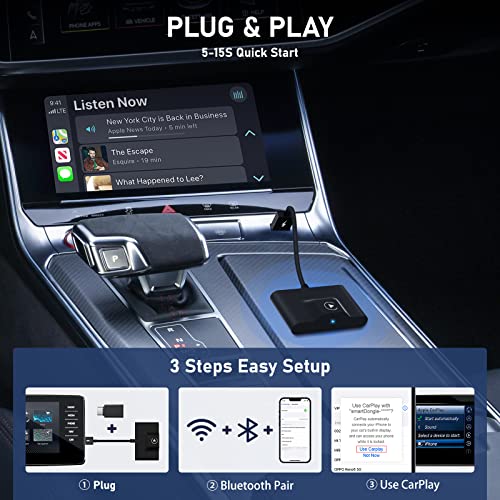 Teeran CarPlay Wireless Adapter for Factory Wired CarPlay 2023 Upgrade Plug and Play Wireless CarPlay Dongle Converts Wired to Wireless Fast and Easy Use Fit for Cars from 2015 and iPhone iOS 10+