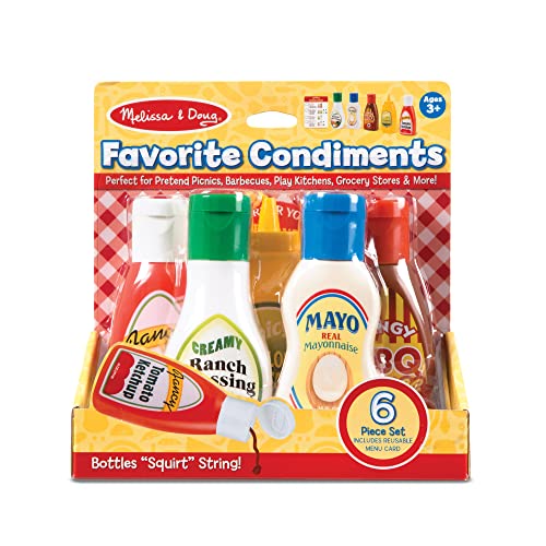 Melissa and Doug 5-Piece Favorite Condiments Play Food Set - Play Ketchup and Mustard Bottles, Pretend Play Food Set For Kids Ages 3+