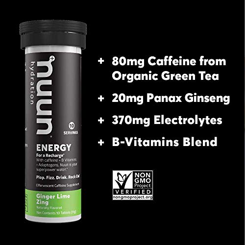 Nuun Energy: Electrolyte Drink Tablets, Caffeine, B Vitamins, Ginseng, Ginger Lime Zing, 80 Servings