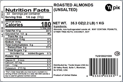 Yupik Nuts Unsalted Roasted Almonds, 2.2 lb
