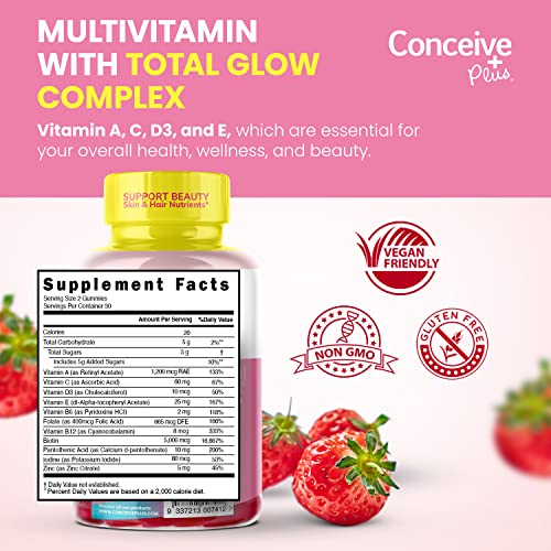 CONCEIVE PLUS Hair Skin and Nails Gummies - Extra-Strength Biotin, VIT A, C, D3, E Vitamins - Vegan, Hair Growth Supplement - Gelatin-Free - 60 Count