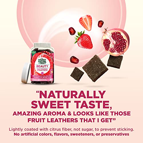 The Secret Nature of Fruit Beauty Chews, Real Fruit Powered Vitamin Chews with Vitamins A and E, Biotin, CoQ10, Strawberry and Pomegranate for Healthy Hair, Skin and Nails, Gummy, (60 Count)