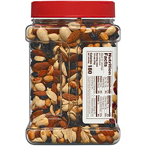 Fisher Snack Hunger Fighter Trail Mix, 38 Ounces, Peanuts, Almonds, Dried Sweetened Cranberries, Soy Nuts