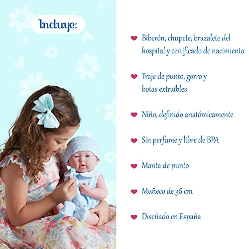 Anatomically Correct Real Boy Baby Doll | 15' All-Vinyl Baby Doll | JC Toys - La Newborn | Made in Spain | Comes With Blue Knit Outfit and Accessories | Designed by Berenguer | Ages 2+