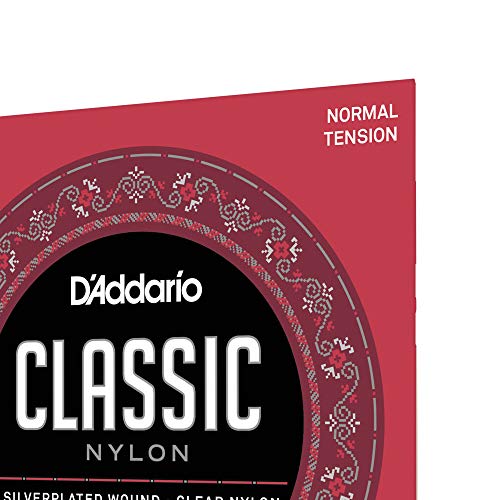 D'Addario Guitar Strings - Classic Nylon Guitar Strings - EJ27N Classical Guitar Strings - Silver Plated Wrap, Nylon Core, Clear Student Nylon Trebles - Normal Tension, 1-Pack