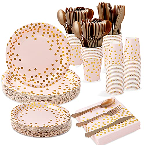 Pink and Gold Party Supplies - 350 PCS Disposable Dinnerware Set - Pink Paper Plates Napkins Cups, Gold Plastic Forks Knives Spoon for Graduation, Birthday, Cocktail Party