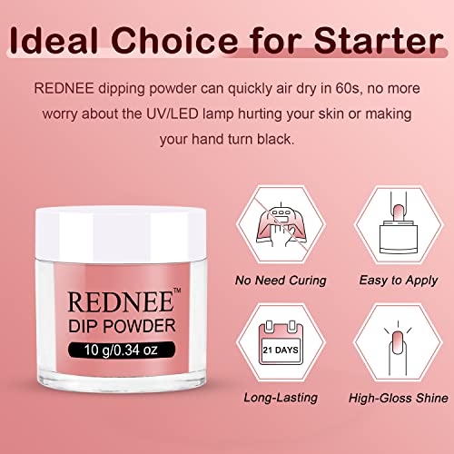 REDNEE 22 Pcs Dip Powder Nail Kit Starter 12 Colors Dipping Powder Set Rose Gold Red with Base Activator Top Coat and 5 Nail Tools for Nail Art Manicure - RE08 Inviting Color