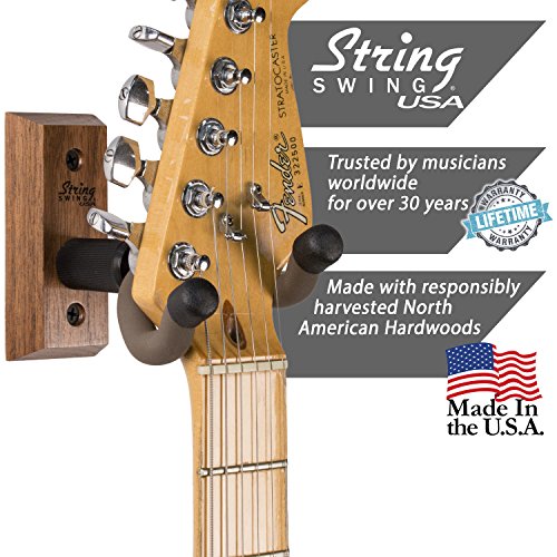 String Swing Guitar Hanger - Holder for Electric Acoustic and Bass Guitars - Stand Accessories Home or Studio Wall - Musical Instruments Safe without Hard Cases - Black Walnut Hardwood CC01K-BW 2-Pack