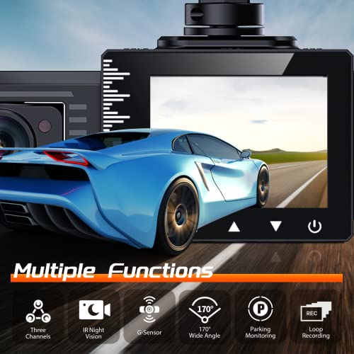 iiwey T1-pro Dash Cam Front and Rear Inside 3 Channel 1080P, Adjustable Lens Dash Camera for Cars with 8 IR Lamps Night Vision, Three Ways Triple Car Camera, Loop Recording, G-Sensor, Parking Monitor