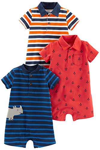 Simple Joys by Carter's Baby Boys' Rompers, Pack of 3, Anchor/Hippo/Stripe, 3-6 Months