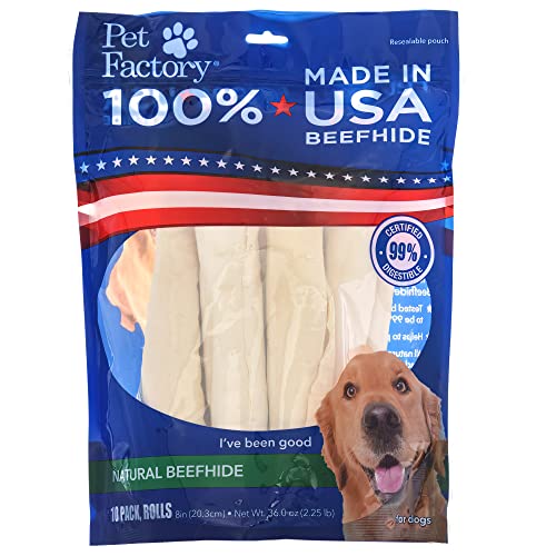 Pet Factory 100% Made in USA Beefhide 8' Rolls Dog Chew Treats - Natural Flavor, 10 Count/1 Pack