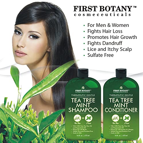 Tea Tree Mint Shampoo and Conditioner - contains Pure Tea Tree Oil and Peppermint Oil - Fights Hair Loss, Promotes Hair Growth, Fights Dandruff, Lice and Itchy Scalp - Men and Women Sulfate Free -16 oz x 2