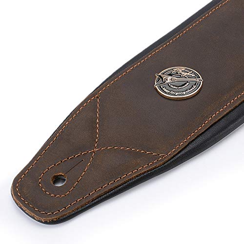 Rinastore Guitar Strap Leather 3 Inch Wide Full Grain Padded Soft Leather Strap for Acoustic, Electric and Bass Guitars (Whiskey Brown)