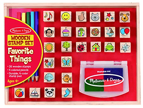 Melissa and Doug Wooden Stamp Set, Favorite Things - 26 Wooden Stamps, 4-Color Stamp Pad - Kids Art Projects, Stamps With Washable Ink, Wooden Stamps For Kids Ages 4+