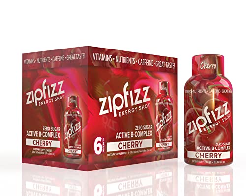 Zipfizz 2oz Energy Shot - Cherry Flavor | Hydrating Electrolyte Drinks w/Liquid B12, Caffeine, Ginseng, and Vitamins | Low Carb, Gluten Free, Sugar Free Energy Drink (6 Pack)