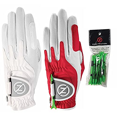 Zero Friction Ladies Compression-Fit Synthetic Golf Glove (2 Pack with Free Pack of tees), Universal Fit One Size, White/Red