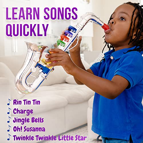 Click N' Play Toy Trumpet and Toy Saxophone Set for Kids - Create Real Music - Safety Tested BPA Free - Beautiful Silver Finish with Color Keys Real Notes - Start a Instrument Band at Home or School