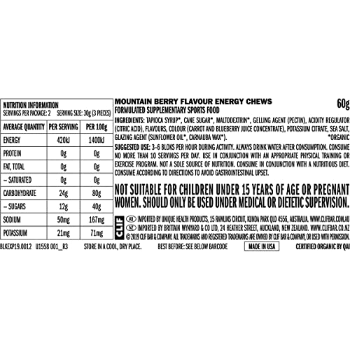 CLIF BLOKS - Energy Chews - Mountain Berry - Non-GMO - Plant Based Food - Fast Fuel for Cycling and Running -Workout Snack(2.1 Ounce Packet, 18 Count) - (Assortment May Vary)