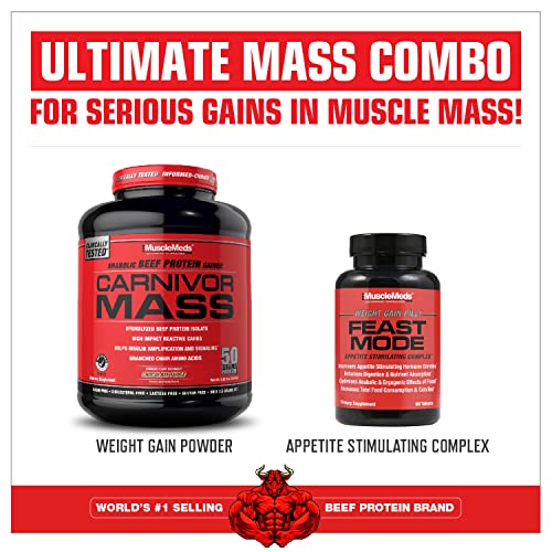 MuscleMeds Carnivor Mass Gainer Beef Protein Isolate Shake, 50 Grams Protein, 125 Grams Carbs, 0 Fat, 0 Sugar, Lactose Free, ChocolateFudge, 6 Pound
