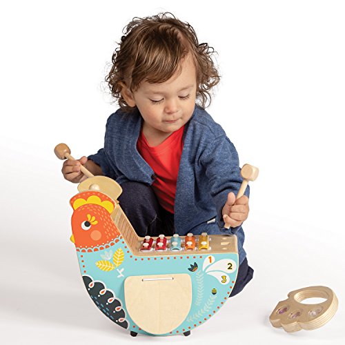 Manhattan Toy Musical Chicken Wooden Instrument for Toddlers with Xylophone, Drumsticks, Cymbal and Maraca