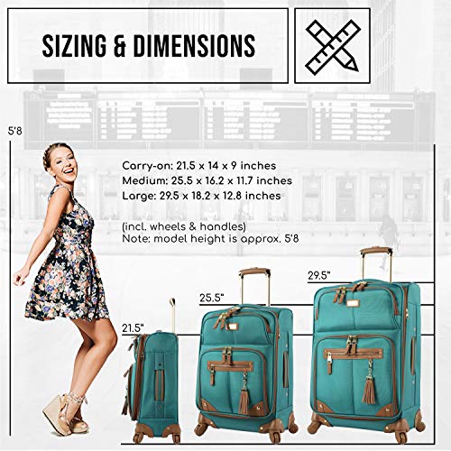 Steve Madden Designer 20 Inch Carry On Luggage Collection - Lightweight Softside Expandable Suitcase for Men and Women - Durable Bag with 4-Rolling Spinner Wheels (Harlo Teal Blue)