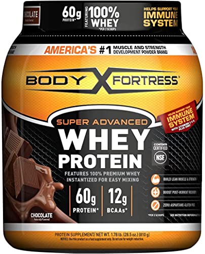 Body Fortress Super Advanced Whey Protein Powder, Chocolate, Immune Support (1), Vitamins C and D Plus Zinc, 1.78 lbs