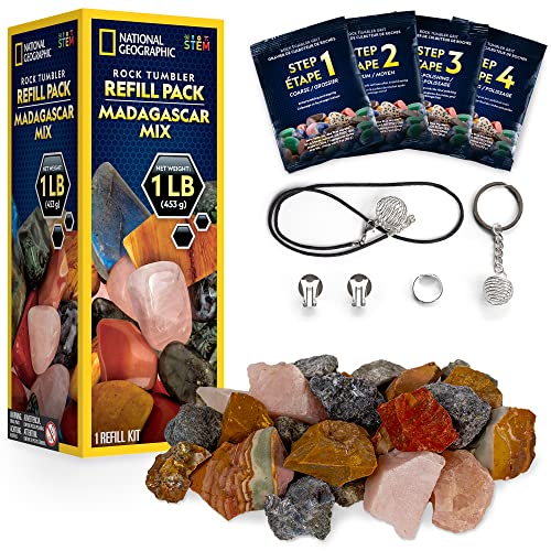 NATIONAL GEOGRAPHIC Rock Tumbler Refill Kit – Madagascar Rocks for Tumbling- Rock Tumbler Supplies Include Rock Tumbler Grit and Jewelry Accessories
