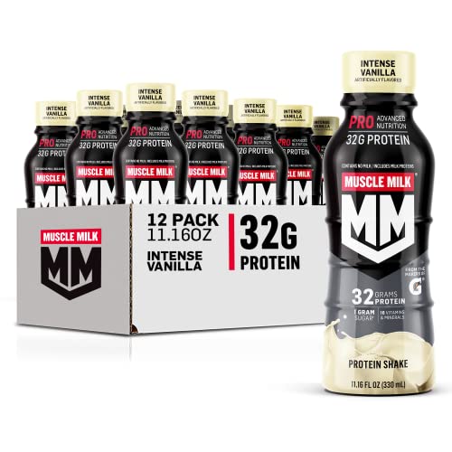 Muscle Milk Pro Advanced Nutrition Protein Shake, Intense Vanilla, 11.16 Fl Oz Bottle, 12 Pack, 32g Protein, 1g Sugar, 16 Vitamins and Minerals, 5g Fiber, Workout Recovery, Energizing Snack, Packaging May Vary