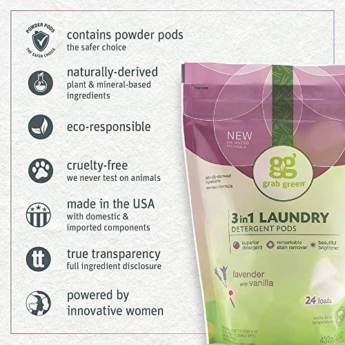 Grab Green 3-in-1 Laundry Detergent Pods, 60 Count, Lavender Vanilla Scent, Plant and Mineral Based, Superior Cleaning Power, Stain Remover, Brightens Clothes