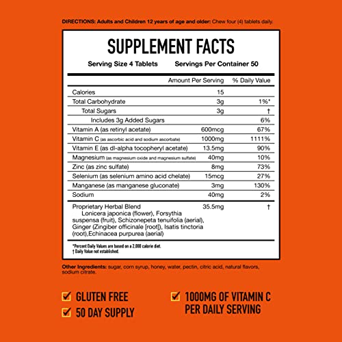 Airborne 1000mg Chewable Tablets with Zinc, Immune Support Supplement with Powerful Antioxidants Vitamins A C and E - 200 Tablets, Citrus Flavor
