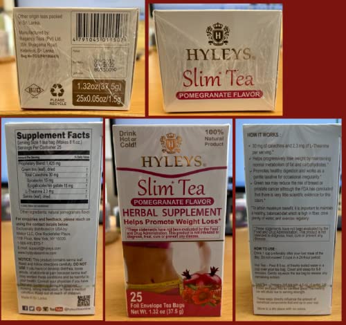 Hyleys Slim Tea Pomegranate Flavor - Weight Loss Herbal Supplement Cleanse and Detox - 25 Tea Bags (1 Pack)